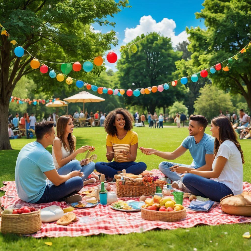 A lively scene of friends and family engaging in various fun-filled activities, such as playing games, cooking together, and enjoying a picnic in a vibrant park. Colorful decorations and playful elements scattered around, exuding joy and togetherness. Emphasize smiles and laughter among diverse groups of people, showcasing unity and connection. Include a bright blue sky and lush greenery in the background. vibrant colors. super-realistic.
